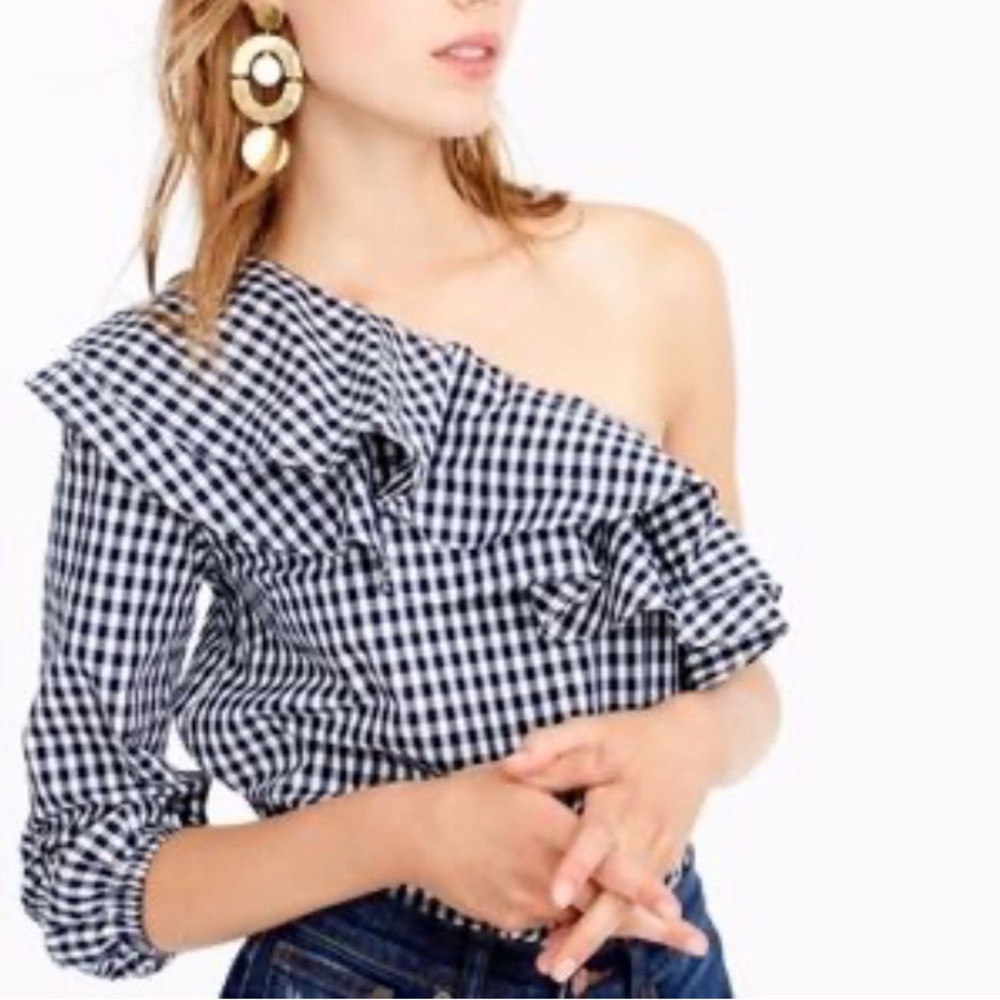 J. Crew Women's One Shoulder Top Size 4 Blue White Gingham Cotton Ruffle